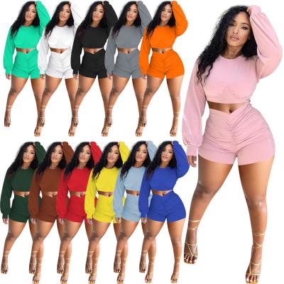 China 2021 QUICK DRY fashion QUICK DRY women's S-XXL solid two piece shorts sets long sleeve women's clothing summer motorcycle shorts two sets for sale