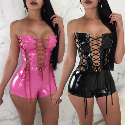 China 2021 Summer Overalls 3 Colors Cut Overall Short Look Romper One Piece Bodycon Wet PU Leather Strappy QUICK DRY QUICK DRY Apparel for sale