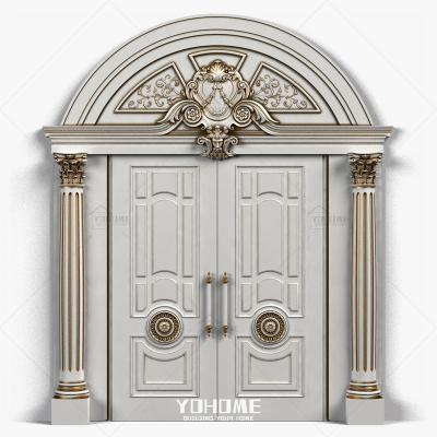 China Fire Protection Luxury Solid Wood Double Leaf Exterior Door With Double Column Roman Crown Front Doors Residential White Front Entry for sale