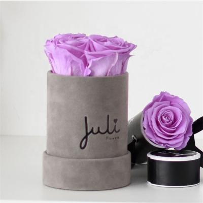 China Handmade custom gray velvet flower packaging box wedding champagne rose round box for sale