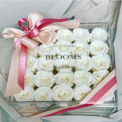 China Handmade Custom Storage 25 Transparent Acrylic Roses Preserved Flower Box With Ribbon for sale