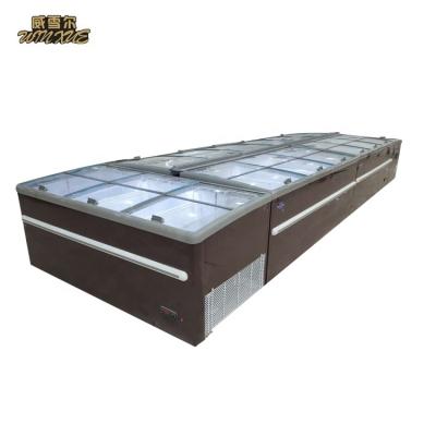 China Double-temperature supermarket curved glass top deep sliding door island freezer for for frozen food for sale