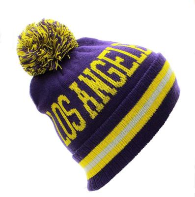 China Stylish Women COMMON Hats USA City Name Letters Knit Beanie Bulk Jacquard Pom Pom Acrylic Slapped Beanie for sale