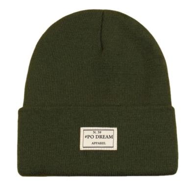 China Factory COMMON Plain China Beanie With Brim Tag Arm Green Color Slapped Sports Casual Beanie Satin Lined Winter Hats for sale