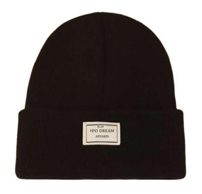 China Wholesale COMMON Headwear Winter Black Hat Solid Knit Patch Beanie Cap Basic Beanie Label With Custom Made Woven for sale