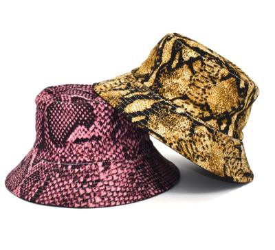 China European And American Style Guangzhou Factory Customized Faux Leather Bucket Bucket Snakeskin Pattern PU Bucket Hats Small MOQ Of Leather Hats for sale