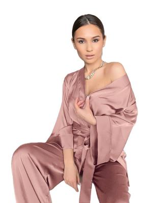 China QUICK DRY home suit for women sleepwear loose flare pants three quarter sleeve satin robe sets bathrobe for home wear 2021 fashion for sale