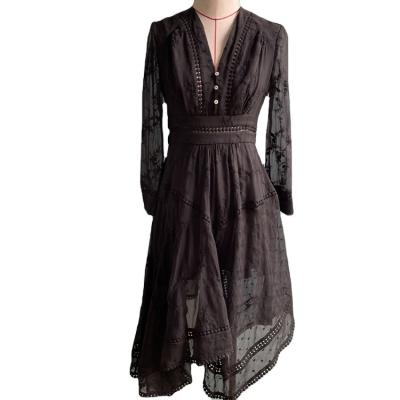 China 2021New High Quality Anti-static Chiffon Long Sleeve V-Neck Spring Dress And Summer Embroidery Sexy Mature Dress for sale