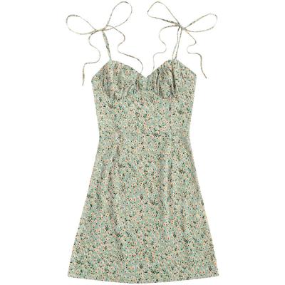 China New product's small A line sexy shorts Anti-static Mini Dress Short Summer Dress and fresh green floral print for women for sale