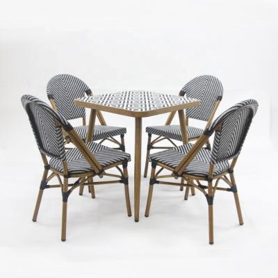 China Factory Sale New Modern Garden Sets PVC Mesh Textilener Fabric Aluminum Bamboo Dining Stacking Chairs And Outdoor Table Patio Furniture for sale