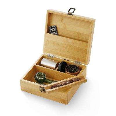 China Recyclable Bamboo Stash Box with Rolling Tray for Smoking Accessory with Smell Proof Glass Pot and Alloy Grinder for sale