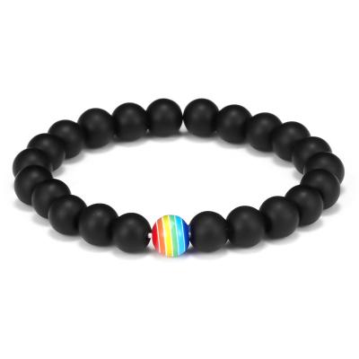 China Handmade Rainbow FASHIONABLE LGBT Pride Beads Bangle Bracelet from Matte Black Onyx Stone Beads for sale