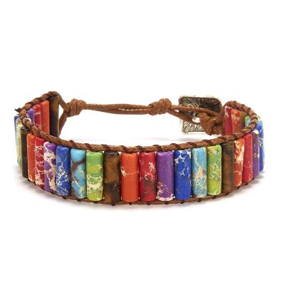 China FASHIONABLE Column Jasper Stone Handmade LGBT Pride Leather Rainbow Chakra Bracelet for sale