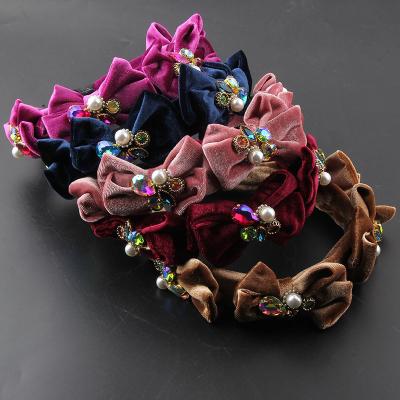 China New Non-slip Headwear Fashion Flannel Bow Inlaid Beautiful Women 90s Ladies Colorful Prom Headband Gemstone Hair Accessories for sale