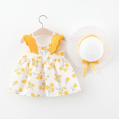 China Summer Hot Sale Flower Print Washable Kids Sleeveless Girls Beach Casual Party Cotton Dresses With Hat for sale