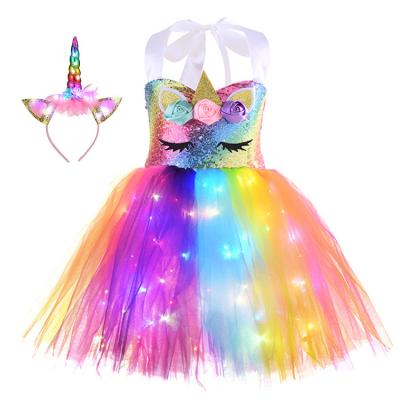 China Factory Price Washable Princess Unicorn Evening Birthday Party LED Light Tutu Dress Girls Tutu Dress For Kids for sale