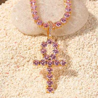 China Hiphop ANKH CROSS Custom 925 Sterling Silver CZ Diamond Iced Out Pink Cross Pendant Chain for sale