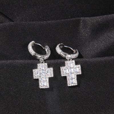 China Hip Hop Style Punk Gold Plated 925 Sterling Silver Cross Baguette Diamond Circle Earrings for sale