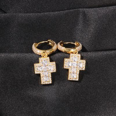 China Punk Gold Plated 14k Gold Plated Cross Diamond Hoop Earrings For Men for sale