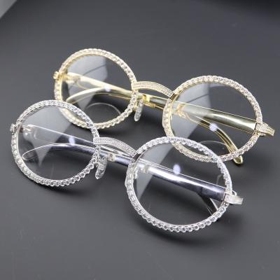 China High Quality CZ Diamond Iced Out Metal Hip Hop Round Frame Clear Glass Glasses for sale