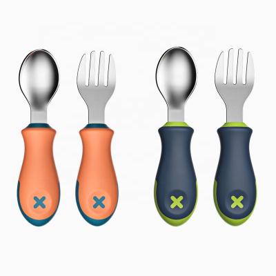 China New Design Minimalist Baby Learning Stainless Steel Short Baby Handle Spoon and Fork Feeding Set for sale