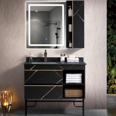 China Modern Modern Floor Standing MDF Plywood Melamine Bathroom Cabinet Vanities With Led Mirror Light for sale