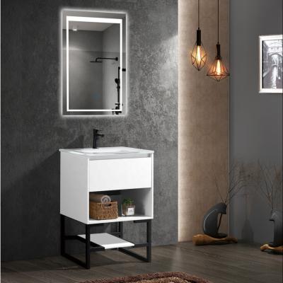 China Modern 24 Inch Floor Standing Led Light Weight MDF Plywood Melamine Bathroom Vanity Cabinets With Wash Basin for sale