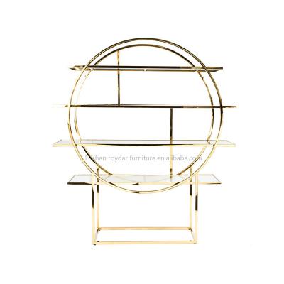 China Banquet Event Design Unique Design Wedding Furniture Dubai Gold Stainless Steel Metal Bar Display Wall Shelf for sale