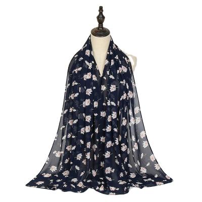 China 2021 New High Quality Floral Chiffon Pearl Print Silk Scarf Long Gauze Scarf for sale