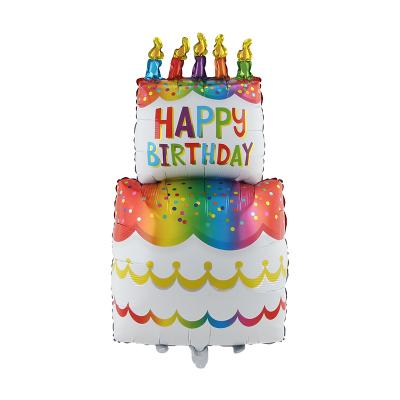 China Gift Toy Double Deck Candle Cake Shape Helium Foil Balloon Rainbow Happy Birthday Party Decoration Layout Cumpleanos de feliz de globos for sale