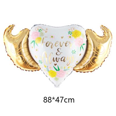 China Big Gift Toy White Flower Love Heart Shape Aluminum Foil Balloon With Wings Gold Wings Valentine's Day Party Venue Decoration for sale