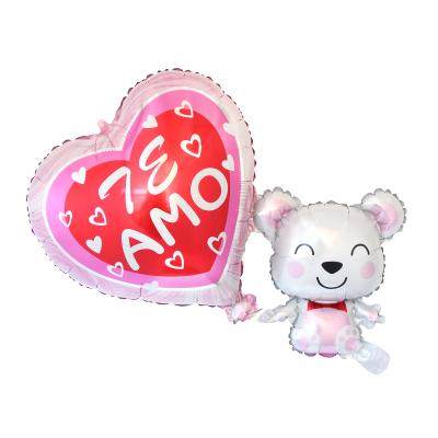 China Cute Gift Toy Pink Bear United Heart Shape Foil Balloon Te AMO Spanish De oso globo Love With Bear For Valentine's Day Decoration for sale