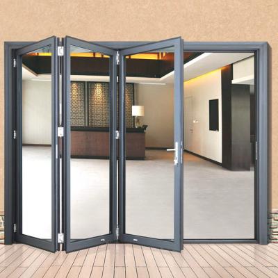 China Contemporary wood grain color sliding glass partition aluminum folding door for patio for sale