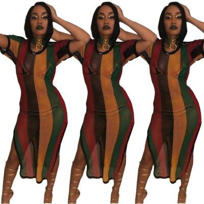 China 2022 New Arrival Anti-static Women's Clothing Cavity Perspective Mesh Striped Dress Multicolor Sexy for sale