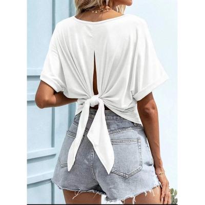 China 2022 New Anti-wrinkle Women's Solid Color O-neck Bow Loose Batwing Short Sleeve T-shirt for sale