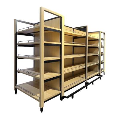 China Double-sided hot popular steel layer heavy SETS and wooden high quality steel display gondola shelf OEM shop racks for sale