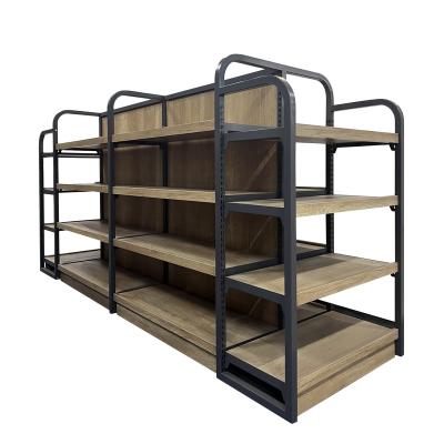 China Euro Rack Double Sided Wooden Shelf Display Supermarket Style Single Sided Gondola Shelving Wood Steel Grocery Store For Supermarket for sale