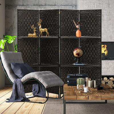 China Art Deco Dark Brown Folding Privacy Screen Divider Room Panel 4 Panel Paper With Folding Privacy Screen Shelves for sale