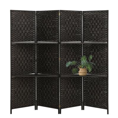 China Art Deco Dark Brown Folding Privacy Screen Partition Room Dividers Folding Privacy Screen 4 Panel Divider Room Paper Panel with Shelves for sale