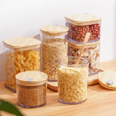 China Airtight Food Storage Container Stackable Plastic Food Storage Fresh-Keeping Jar With Wood Pattern Lid for sale