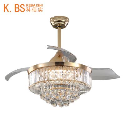 China Low Watt AC 220v Convenient Modern Crystal Blade LED Remote Control Retractable Ceiling Fan With Light for sale