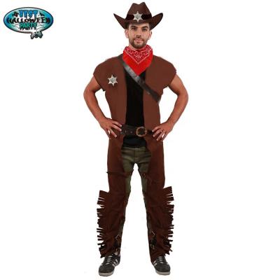 China Polyester Mens Cowboy Leather Costume With Chaps Vest Belt And Headscarf For Party for sale