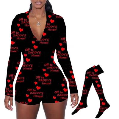 China 2022 QUICK DRY onesie sleepwear women new long sleeve button v-neck wholesale sexy print one-piece pajamas with matching socks for sale