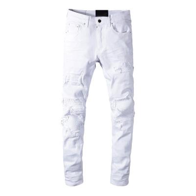 China White Distressed Ripped Jeans Men High Street Breathable Hole Men's Repair Jeans Motorcycle Breeches European for sale