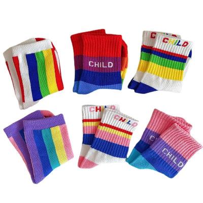 China YUELI QUICK DRY Wholesale Winter Rainbow Stripe Letters Crew Kids Socks for sale