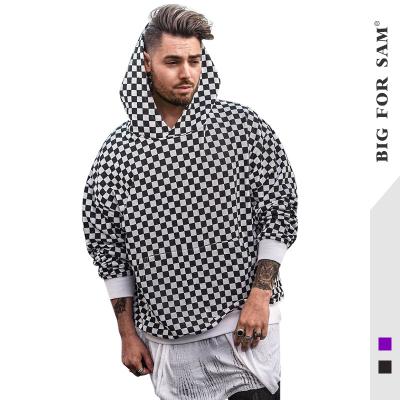 China Anti-Wrinkle Men's Hip Hop Long Sleeve Print Pullover Plaid Loose 100% Cotton Black And White Hoodie for sale