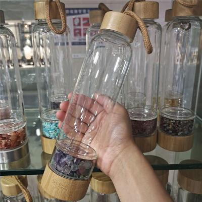 China Wholesale Viable Natural Bamboo Cover Gemstone Crystal Water Bottle Double Opening Borosilicate Glass Elixir Infuser for sale