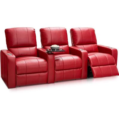 China (Other) High-quality White Bentgrass Grain Leather Recliner Adjustable Luxury Cinema Sofa With Cup Holder Canape De Luxe VIP Room 3 Seater And Coffee Table for sale