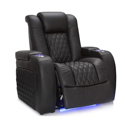 China (Other) Adjustable Black Movie Theater Seating, Electric Top Grain Leather Home Theater Chair With LED Light, High End Theater Room Chair for sale