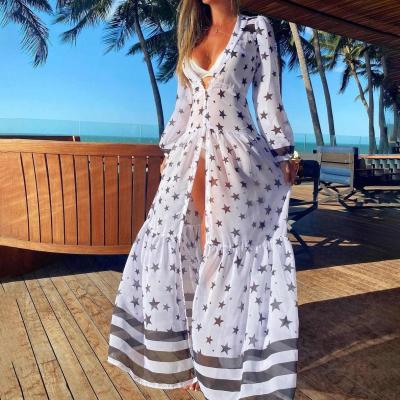 China Breathable Maxi Dress Women's Long V-Neckline Long Sleeves Print Sundress Autumn Beach Boho Style Summer Dress for sale